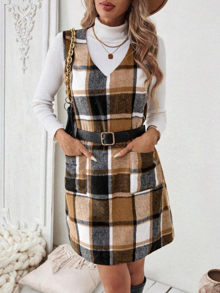 Höst och Vinter Casual Rutig Ärmlös Klänning Dammode Minikjolstil Axelbandslös Vintage Klänningar Kläder Ytterkläder