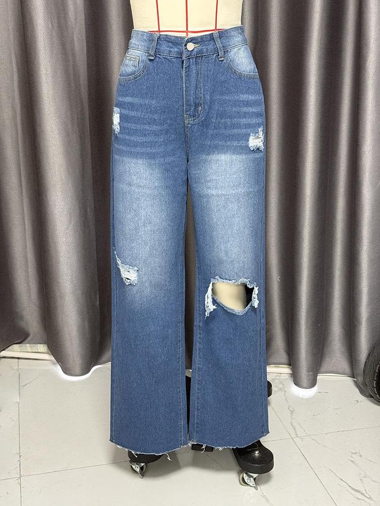 2025 Summer High Waist Ripped Jeans: Women's European & American Street Style, Loose Straight Wide-Leg Pants