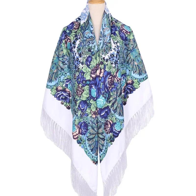160*160Cm Ethnic Large Square Scarf For Woman Shawls Tassel Floral Print Headscarf Turban Wraps Russian Babushka Bandana Blanket