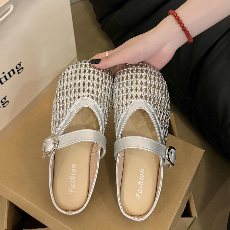 

Модная весенняя новинка, балетки, круглый носок, мелкий вырез, дышащая сетчатая ткань, металлическая пряжка, мягкая подошва, нескользящие туфли 35 серебряный