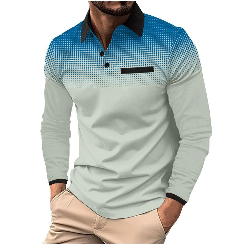 Autumn Men's Long Sleeved Polo Shirt with Printed Polka Dot Collar Sports Top