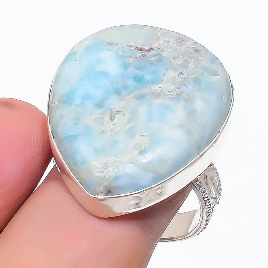 Natural Larimar Gemstone Handmade 925 Sterling Silver Jewelry Ring Size 10 L4J51