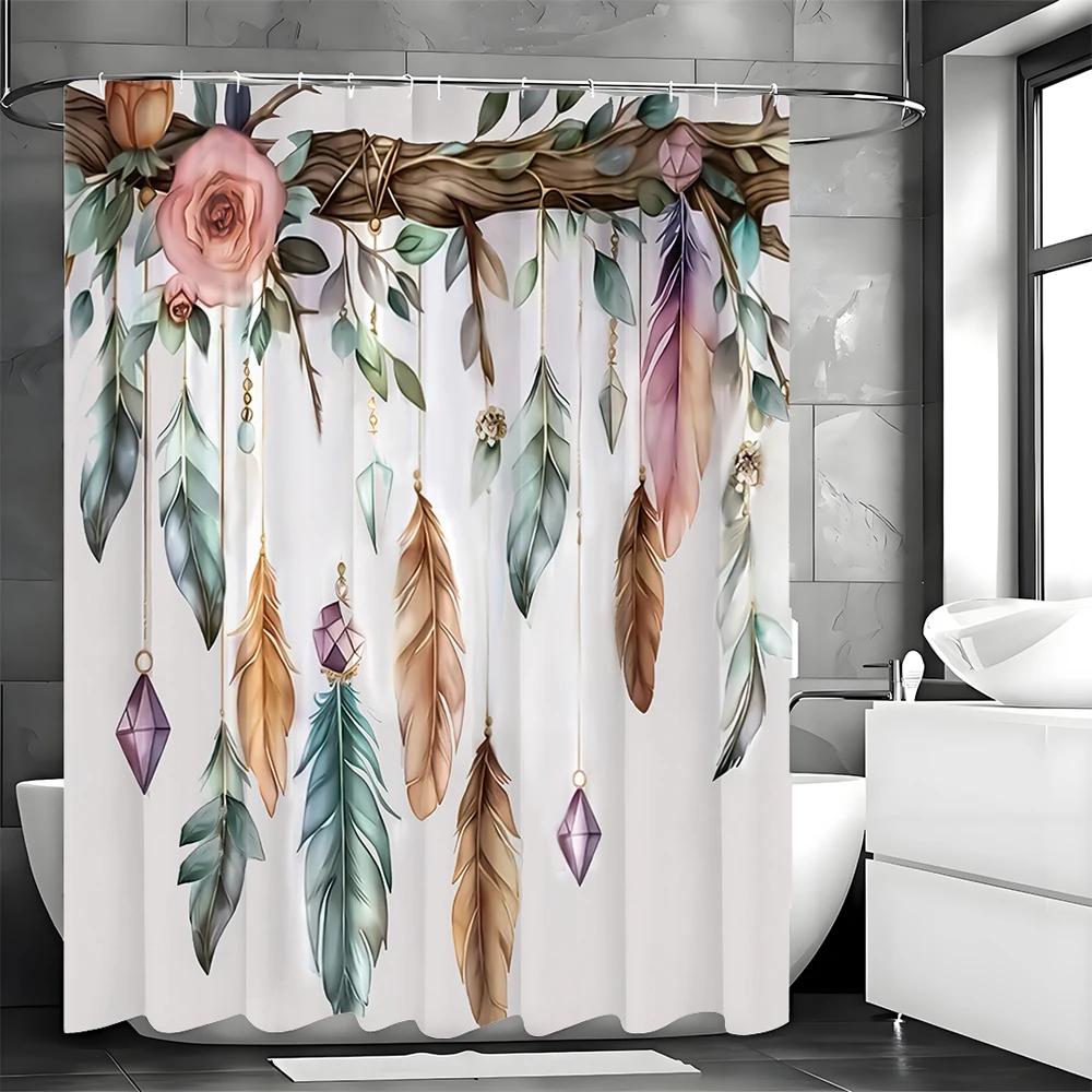 Bohemian Feather Floral Shower Curtain, Bathroom Decorative Shower Curtain, Waterproof Shower Curtain With Hooks