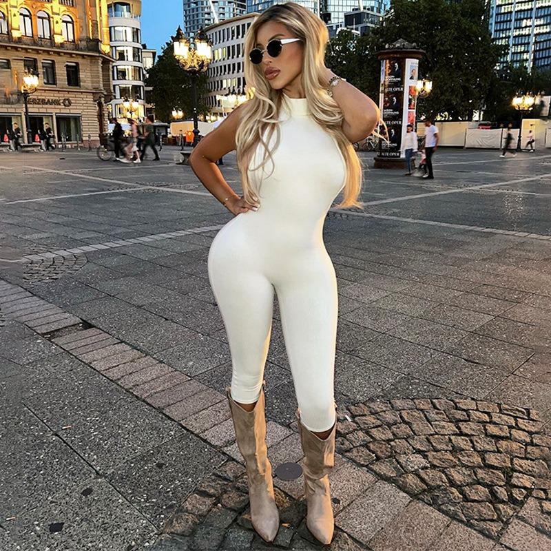 Women European Style Sexy Solid Color Sleeveless Halter Backless High Waist Slim Cropped Jumpsuit
