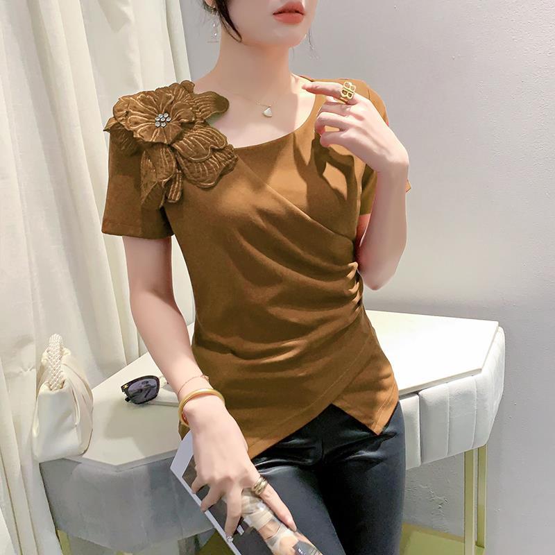 Slimming Irregular Summer 2024 Women's T-shirt: Trendy Foreign Style Short Sleeve Design