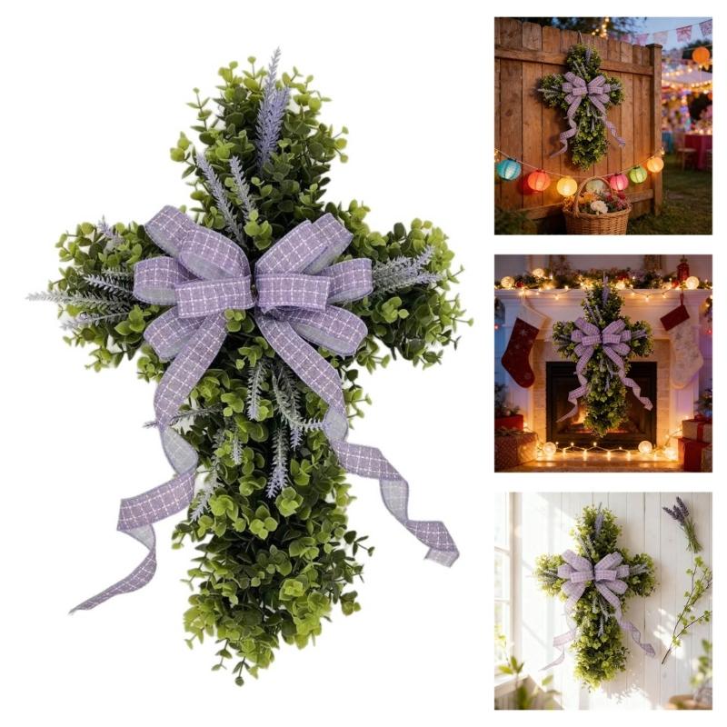 Crossed Shape Easter Wreath with Big Bowknot Plastic Artifical Wreath Hanging Decoration for Door Holiday Decoration