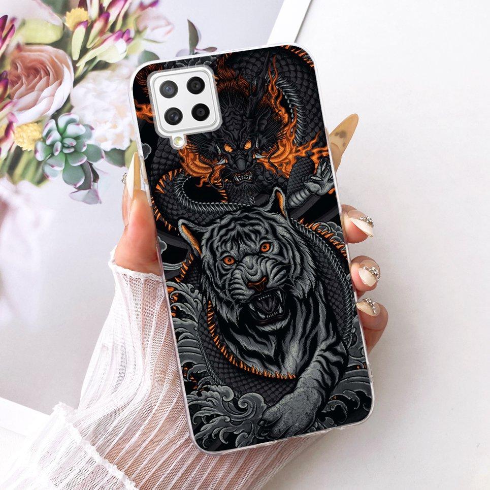 For Samsung Galaxy A22 A22s A12 F12 M12 F42 Phone Case Chinese Dragon Cute Cat Cartoon Pattern Casing Soft Clear Silicone Cover