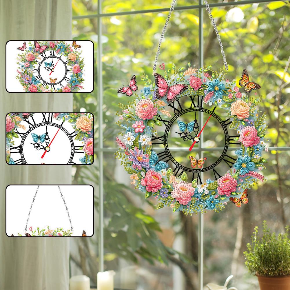 2D Flat DIY Wreath Irregular Shaped Drilling Diamond Painting Clock Pendant 5D Hanging Clock Art Craft for Home Decoration
