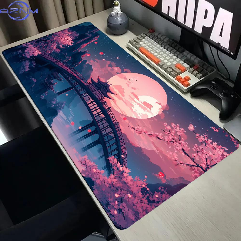 Japanese Cherry Blossom Full Moon Bridge Large Gaming Mouse Pad Non Slip Rubber Anime Sakura Night Landscape Oriental Mousepads