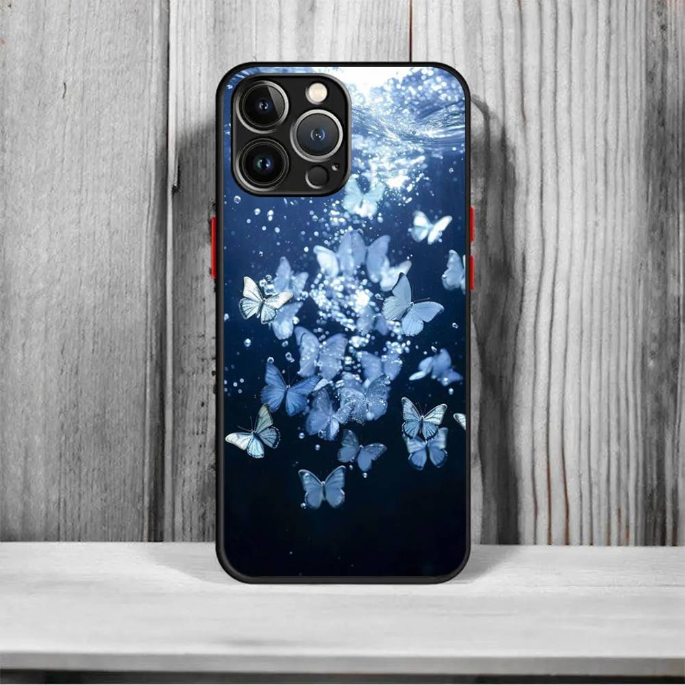 Blue Butterfly Ocean Waves Shockproof Matte Phone Case For IPhone 16 15 14 13 12 11 Pro Max X XR XS MAX Mini