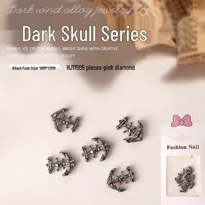Dark Skull Retro Chrome Heart Scarlet Cross Nail Rhinestone Embellishments - 5 Pcs