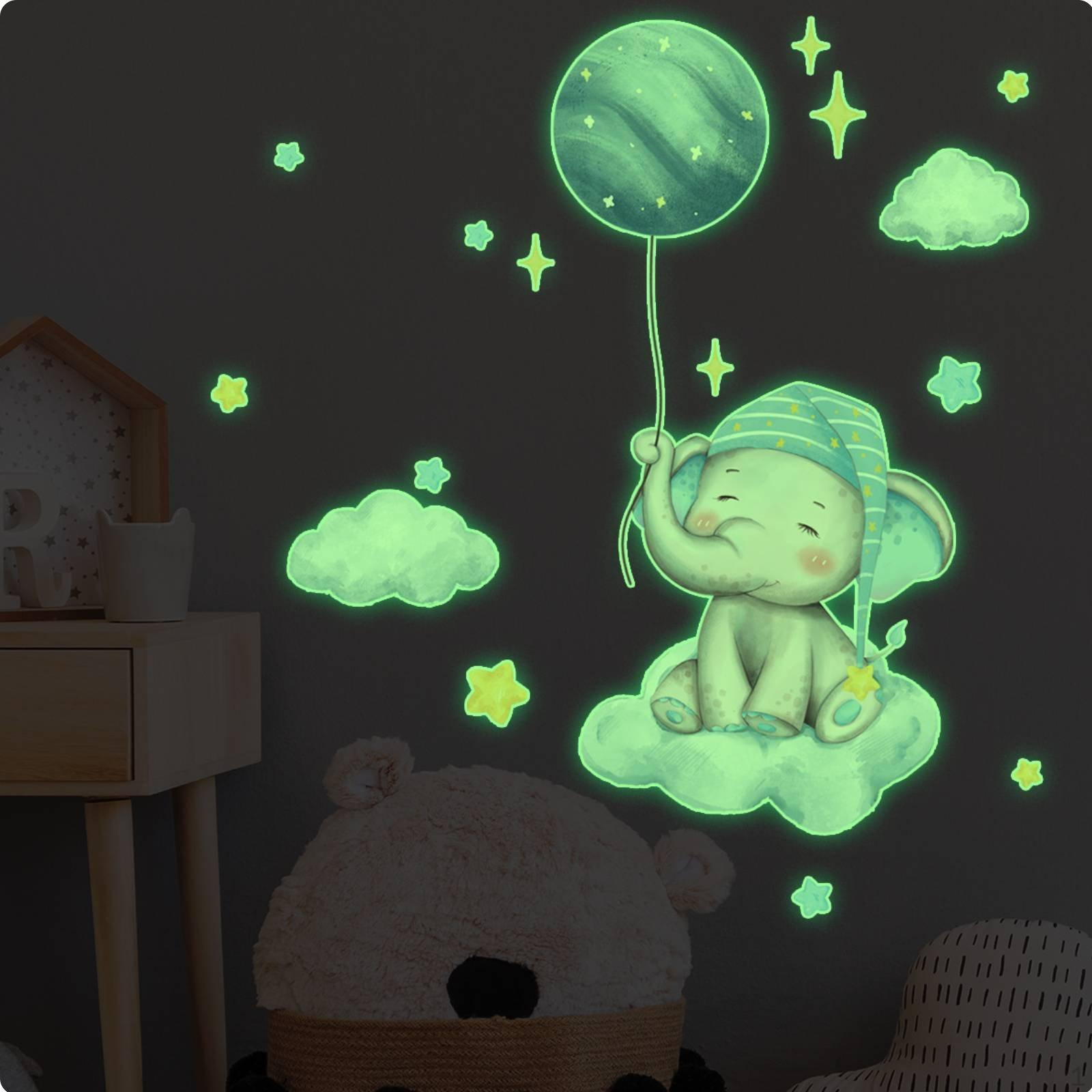 Luminous Starry Pachyderm Bodies Wall Decal Removable Glow in the Dark Elephant Stickers Easy