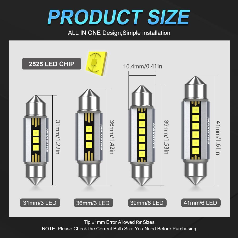 MAXGTRS 2Pcs LED C5W C10W 39mm 41mm 42mm Festoon Canbus Error Free 6500K White Car Interior Light Reading Dome Trunk Lamp 12V
