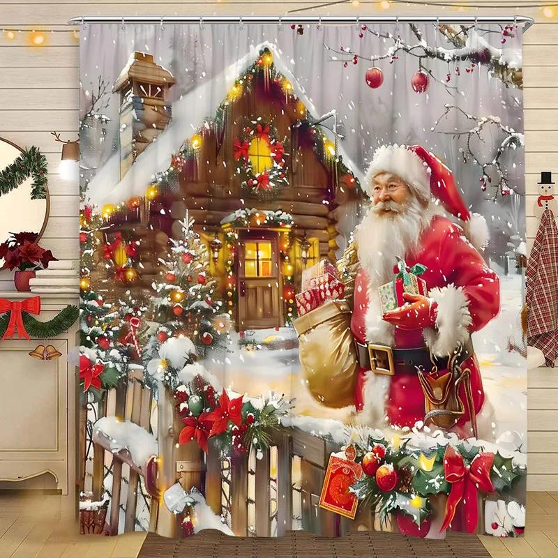 Vánoční sprchový závěs Santa Claus Vánoční strom Kočka Pes Zima Zasněžený Sněhová vločka Domov Polyesterová tkanina Koupelnová dekorace Závěsy