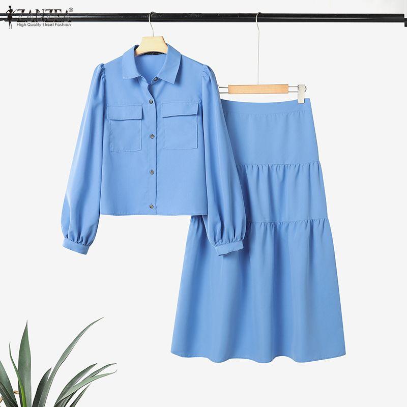 ZANZEA Women Long Sleeve Blouse and Long Skirts Casual Two Piece Suit Sets