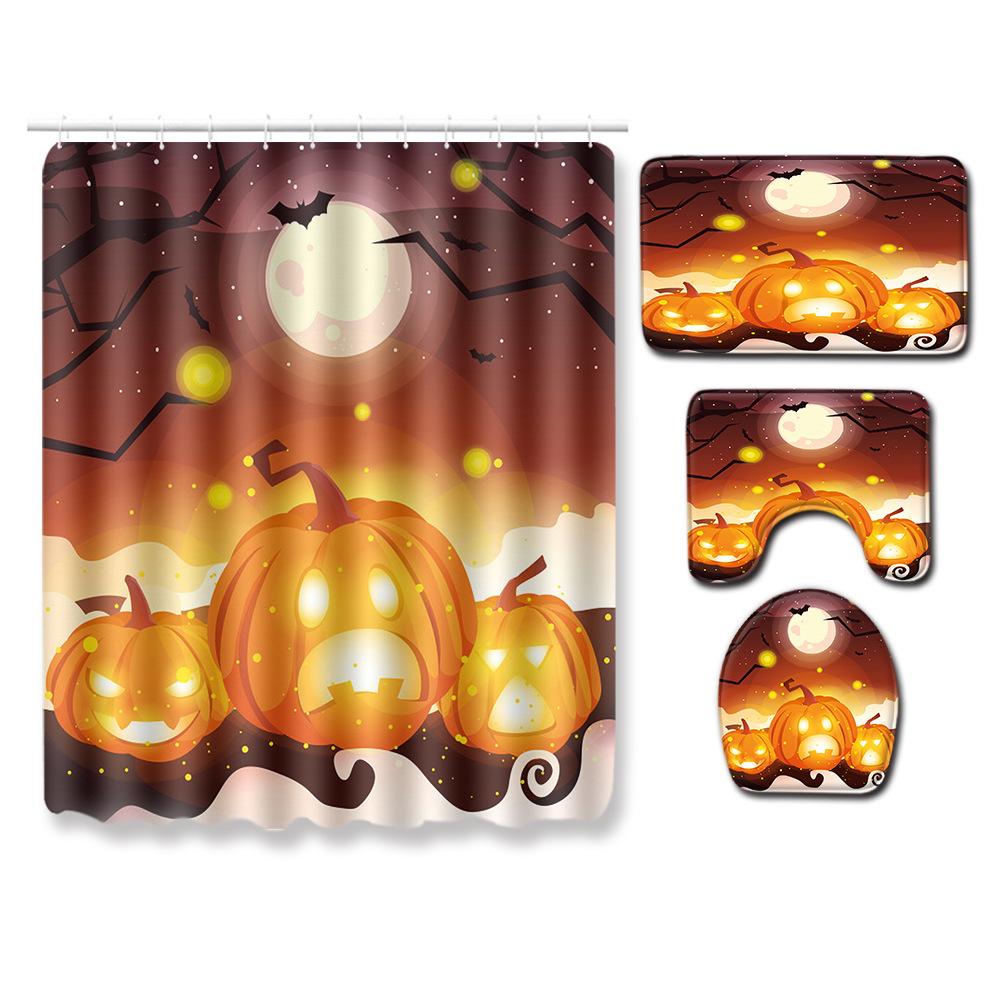 Halloween Shower Curtain Floor Mat Three-Piece Combination Set, Living Room Sand Absorbent Carpet, Bedroom Non-Slip Door Mat