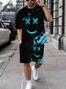 Summer Men's Fashion Casual Sports Set Loose-Fit Trendy Doll Graffiti Print Crew Neck Short Sleeve Two-Piece Set with Shorts