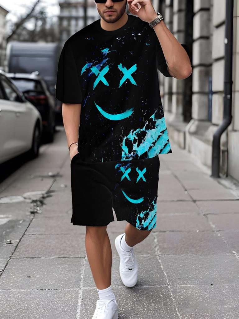 Summer Men's Fashion Casual Sports Set Loose-Fit Trendy Doll Graffiti Print Crew Neck Short Sleeve Two-Piece Set with Shorts