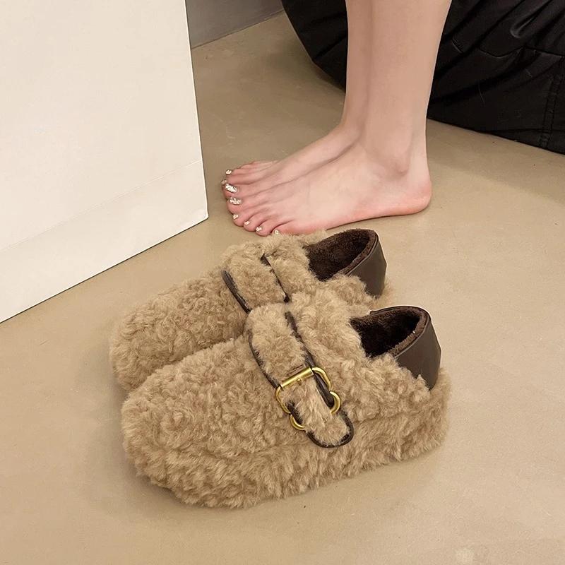 2025 Winter Women's Causal Cotton Shoes Warm Furry Hairy Fashionable Outdoor Women's Plush Shoes Women Flat Bottom Zapatos Mujer