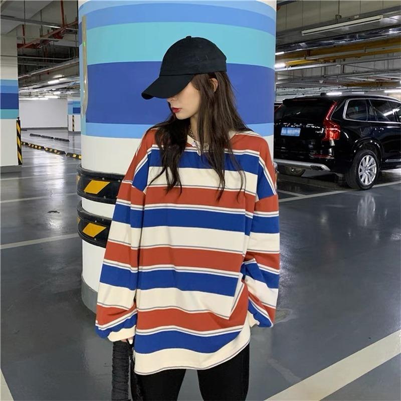 Herbst Hoodies Gestreift Übergroßen Sweatshirt Frauen Harajuku Pullover Koreanische Mode Paare Passenden Langarm Tops Streetwear