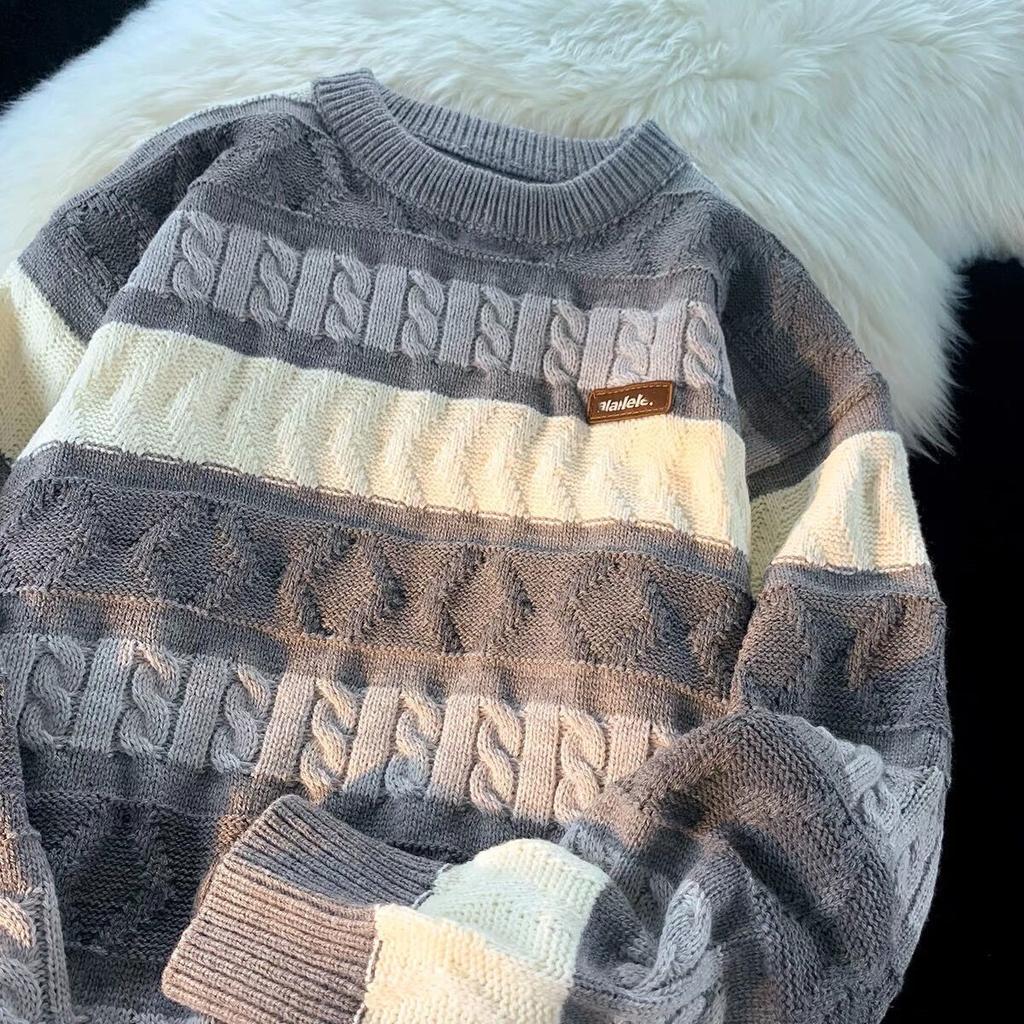 Retro Gestreifter Fauler Stil Rundhals Farbkontrast Verdrehter Strickpullover Herren Trendig Locker Paare Vielseitig Freizeit Strickpullover