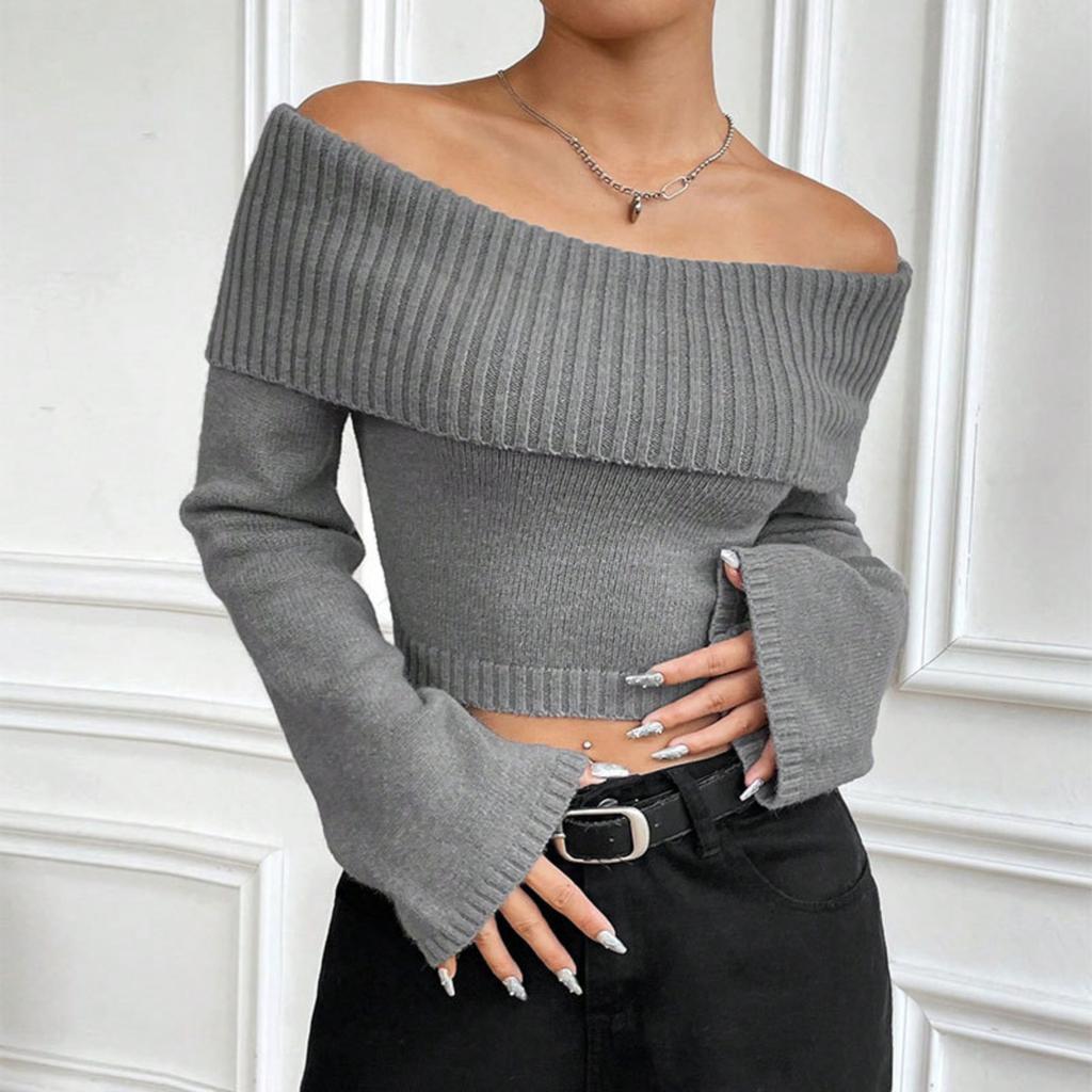 Women's Off-Shoulder Cropped Long-Sleeve Pullover Top