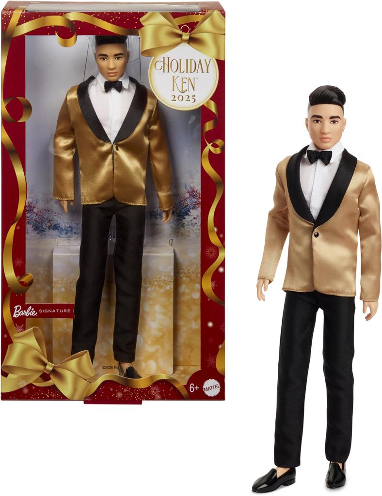 Barbie Holiday Ken Black Hair Signature BLACK Doll House for Pretend Play Ages 6 and JGN83 Dress-Up Up, Gold,
