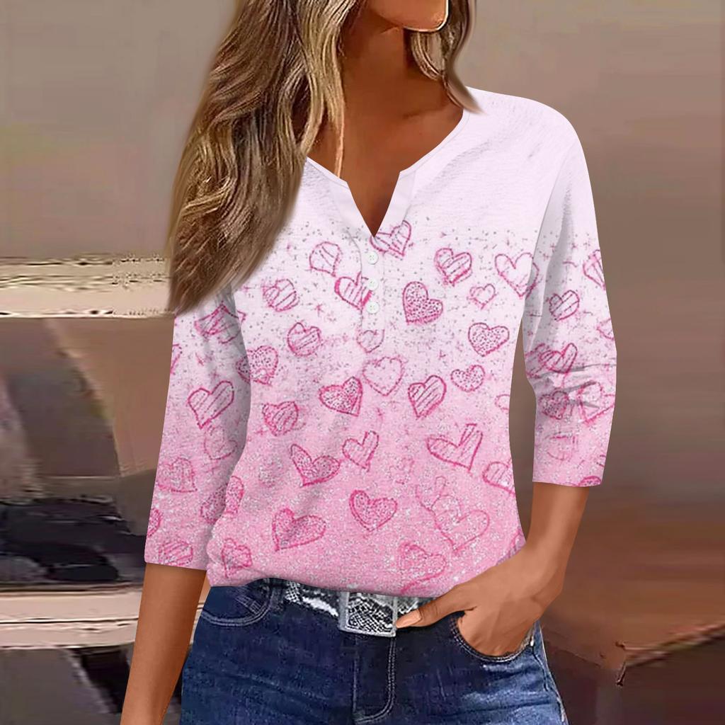 Camiseta feminina com estampa de botão, manga 3/4, moda diária de fim de semana, básica, decote em V, top regular