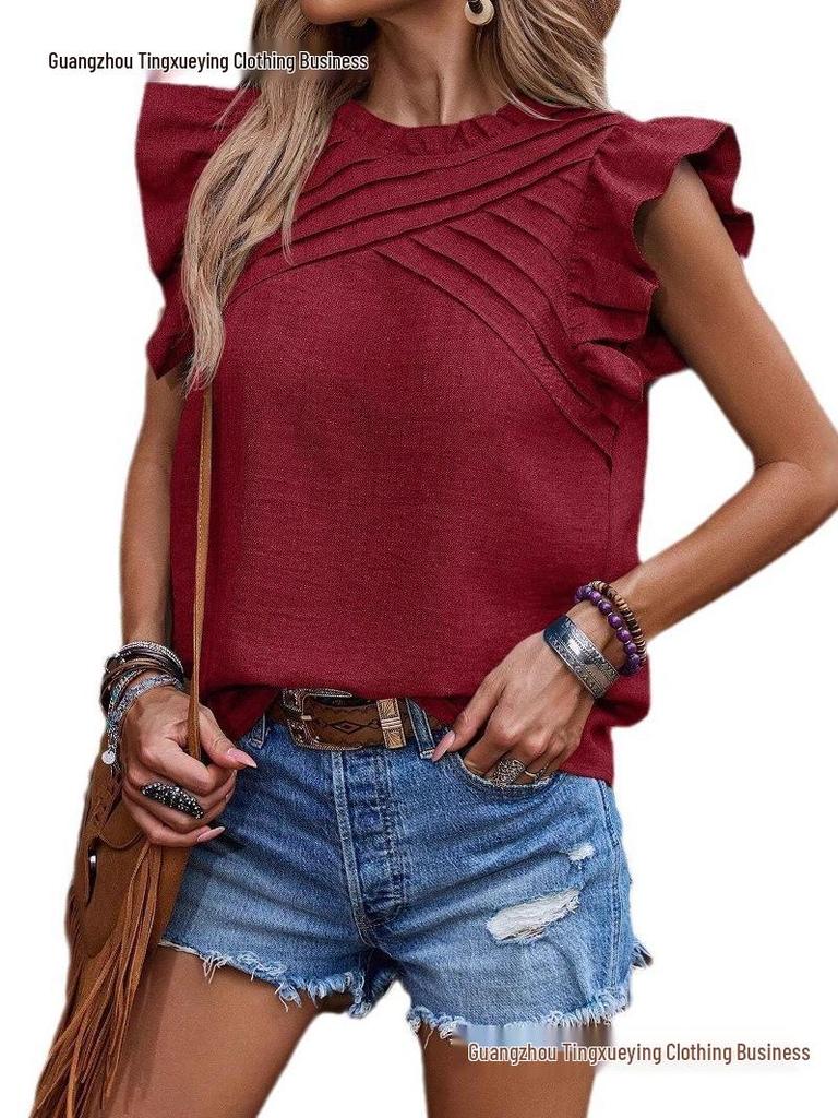 Women's Pure Color Ruffled Raglan Sleeve Top