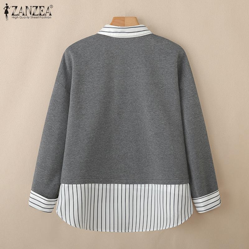 ZANZEA Oversized Women Patchwork Stripe Turn Down Collar Long Sleeve Autumn Thin Sweatshirts