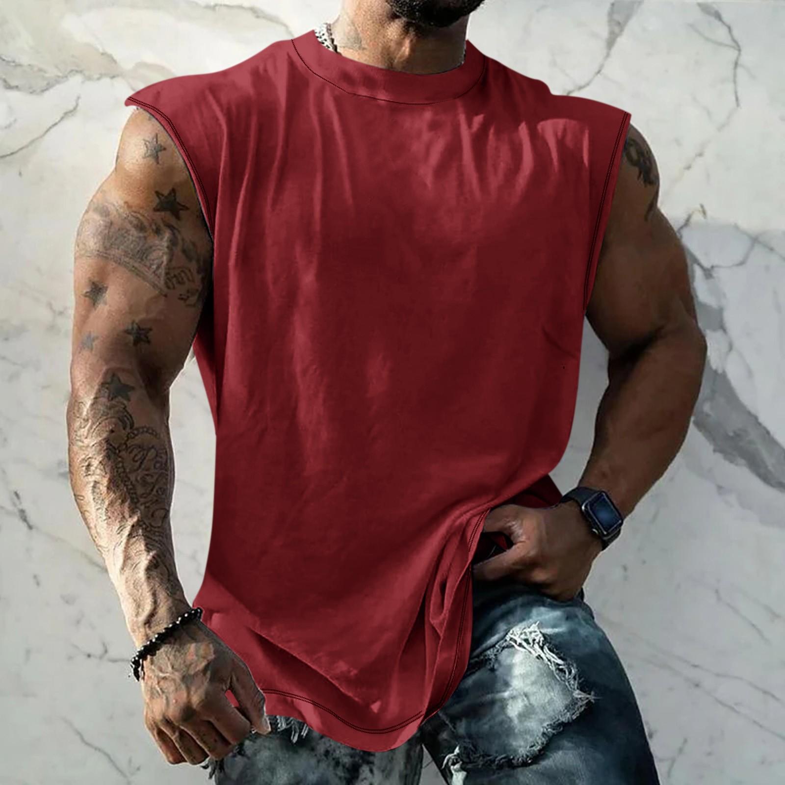 

Летний мужской однотонный поглощающий пот дышащий жилет без рукавов с принтом и расширяющимся плечом M красный