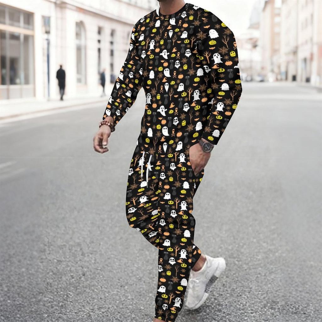 Men Black Base Pink Rose Skull Full Print Long Sleeve Sweatshirt And Drawstring Jogger Pants Two Piece Suit