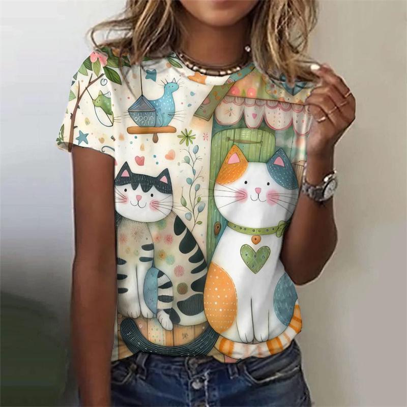 3D Printed Cute Cat T-Shirt For Women Flower Plants Animal Graphic Tees Summer Casual Loose T Shirts O-Neck Tops Short Sleeves