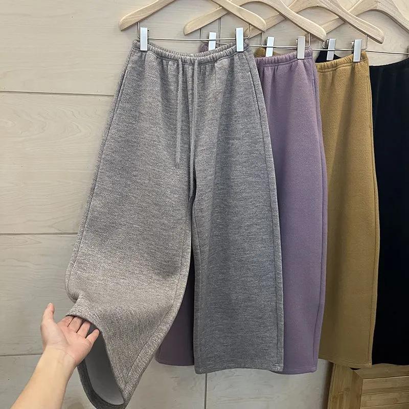 Pants for Women Plus Size Thickened Stretchy Elastic High Waist Long Trousers Solid Colour Fleece Casual Wide Leg Pants