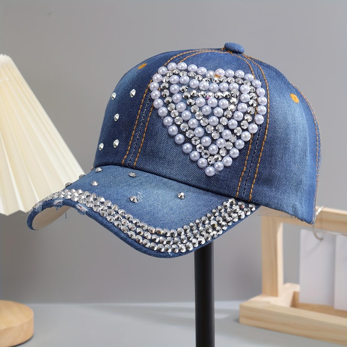 

Жіноча бейсболка зі стразами Y2K, регульована випрана джинсова шапка, повсякденна бавовняна капелюх для тата темно-синього кольору