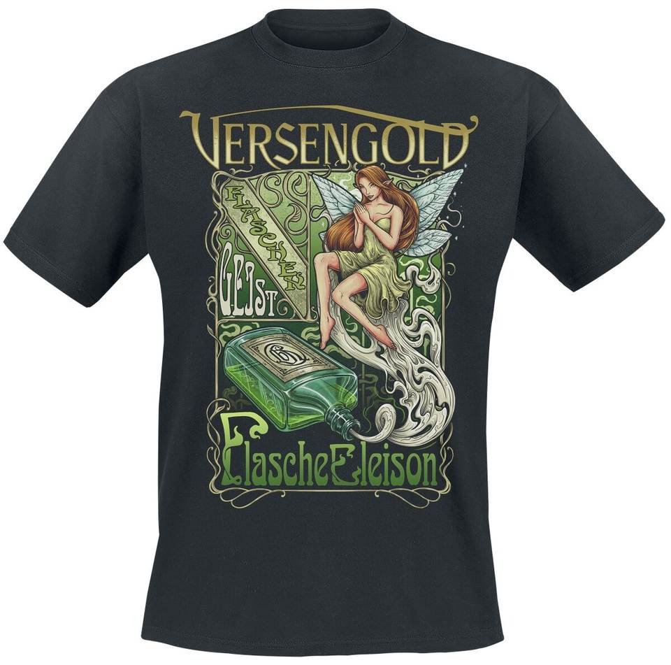 Versengold Flasche Eleison Tee, Folk Metal T-Shirt with Fairy Bottle Print & Band Logo, Band Fan Merch