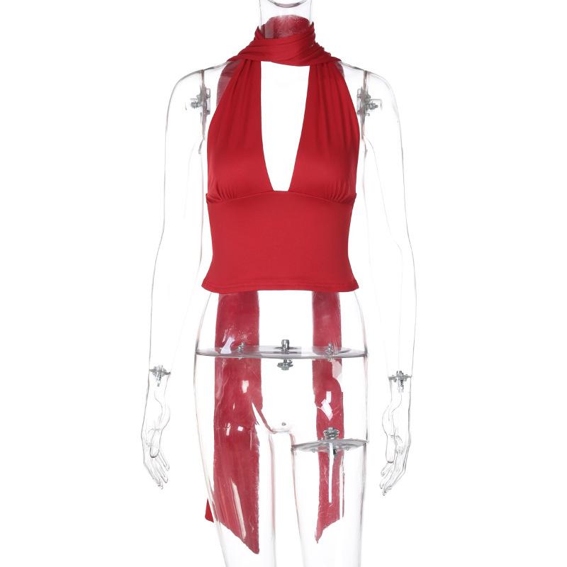 

Summer new product neck low cut suspender sexy scarf strap back hollow vest deep V backless top L червоний
