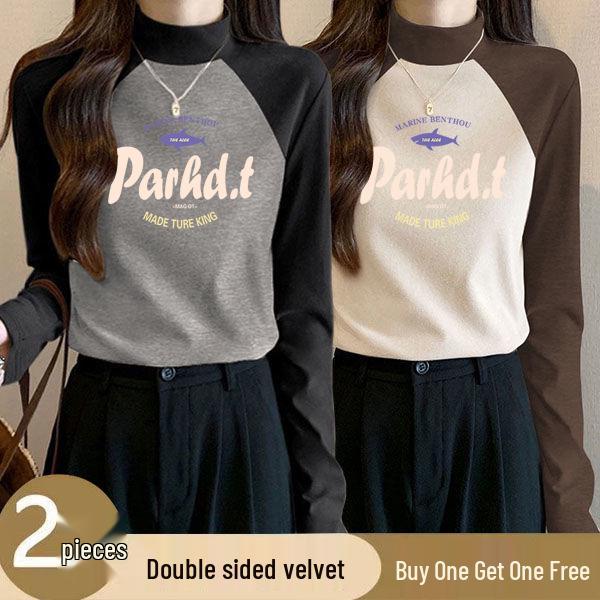 

Women s Velvet Color Block Semi-High Neck Warm Slim Fit Shirt L [105-115 pounds]