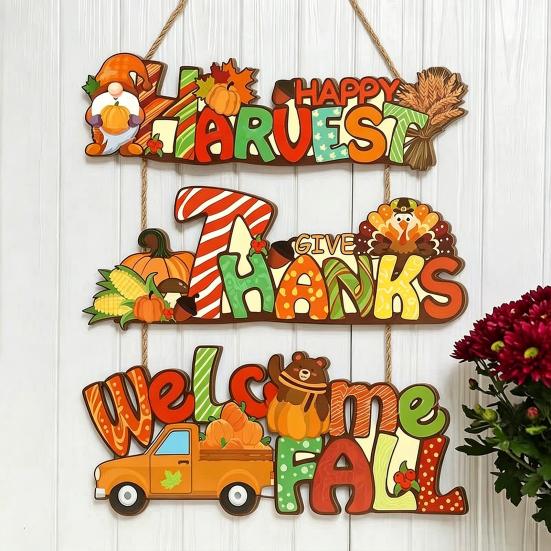 Yousheng Thanksgiving Welcome Sign Rustic Harvest Wooden Door Hanger Sign Gnome Turkey Pumpkin Truck Decorative Wall Plaque for Farmhouse Porch Wall