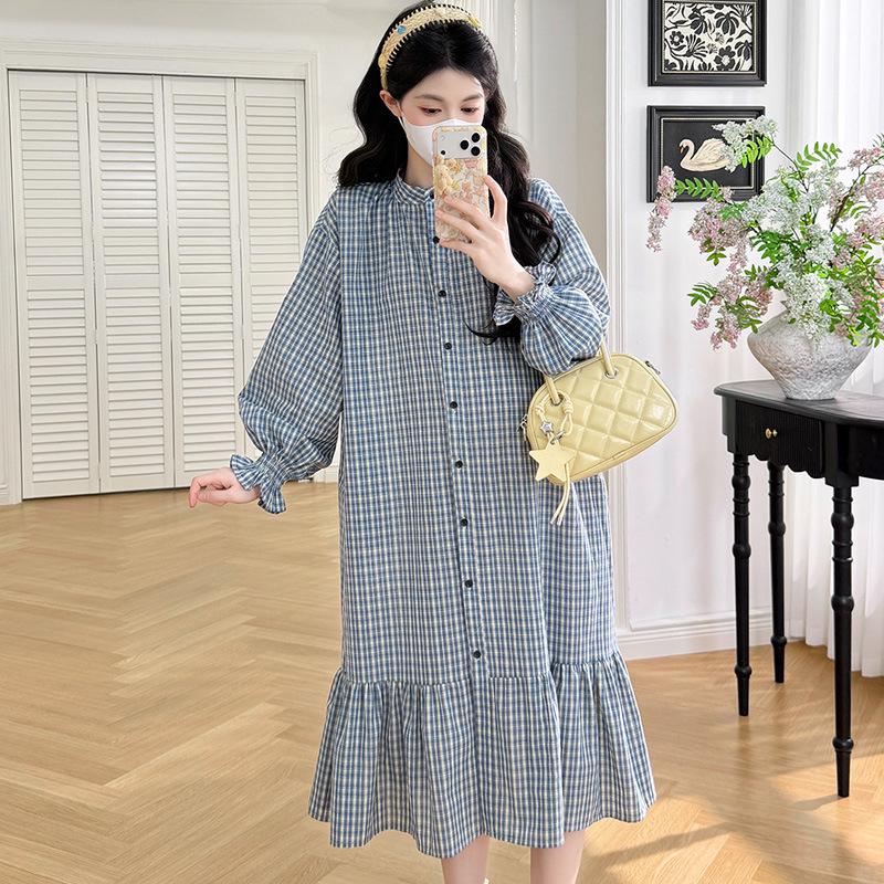 

Spring Maternity Denim Bib Set: Korean-Style Plaid Shirt Dress & Two-Piece Outfit L