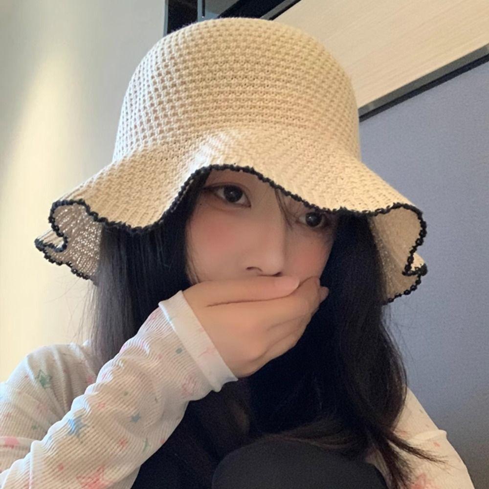 French Style Knitted Bucket Hat Sweet Seaside Beach Cap Elegant Straw Sun Hat  Girls