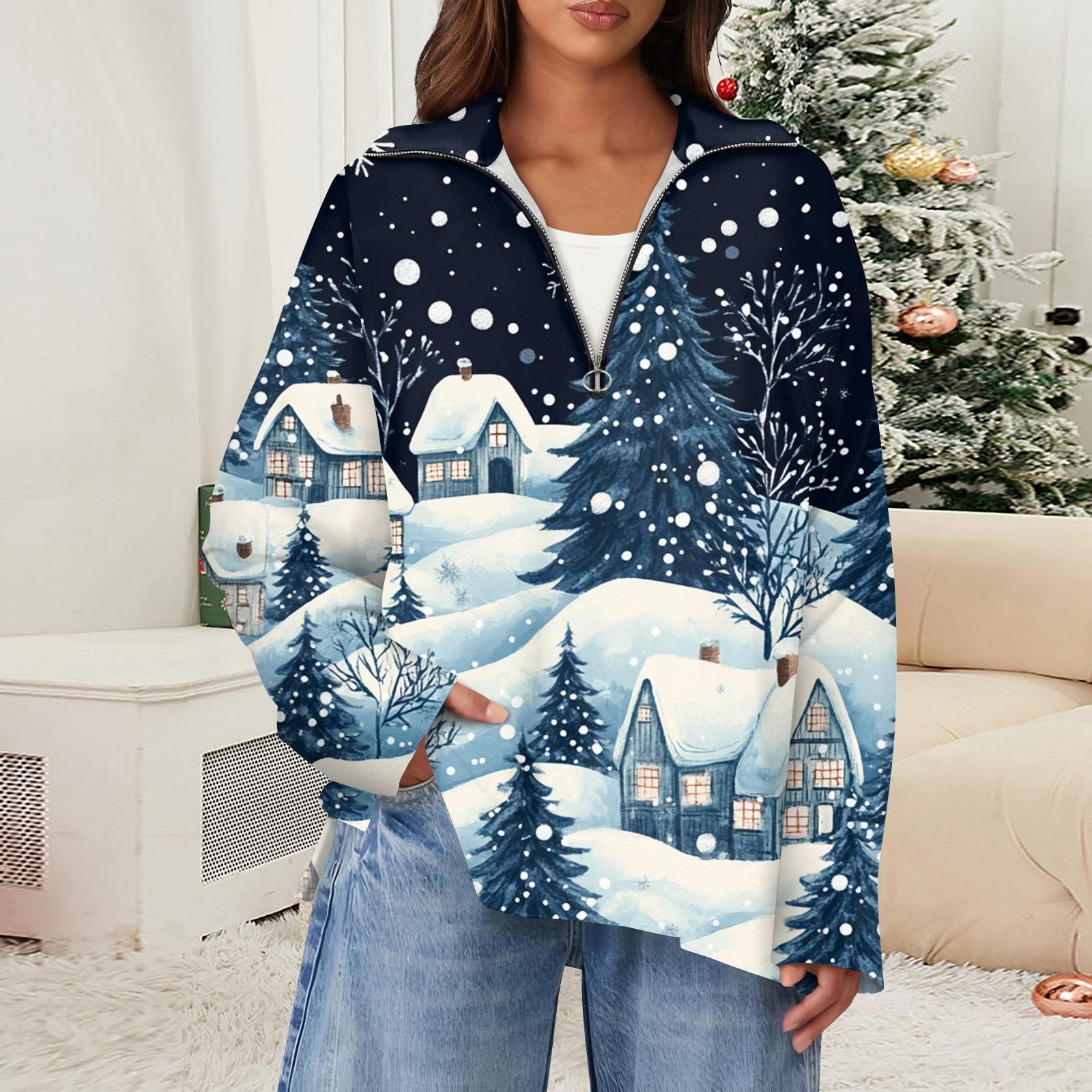 

Женская повседневная полумолния с лацканами и рождественским принтом, пуловер, топы с боковыми разрезами, модная одежда L киноварь