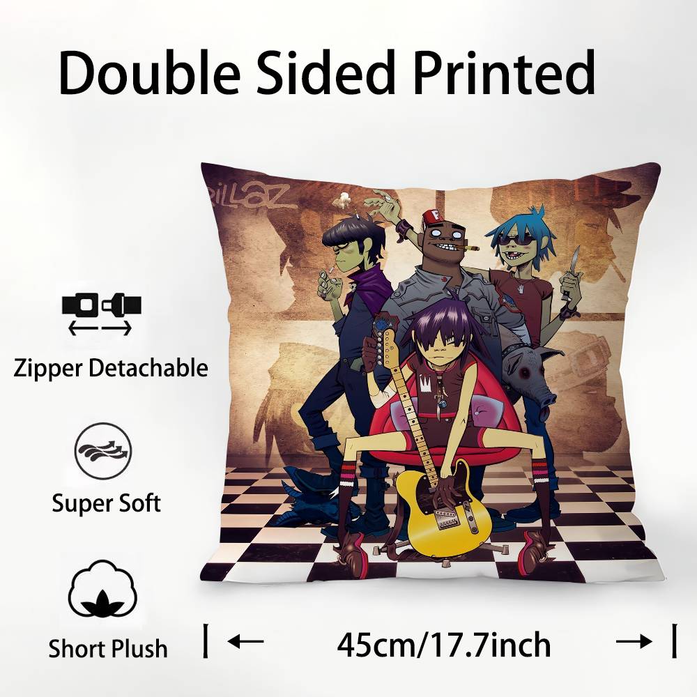 G-Gorillaz Band Pillow Case Square Double‑Sided Print Cushion Case For Sofa Home Bedchamber Decor Gift