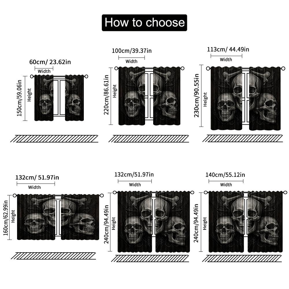 2pcs, 2D flat Window Treatment Curtains Gothic Triple Skull Versatile Polyester,Without Electricity Family Party Decoration