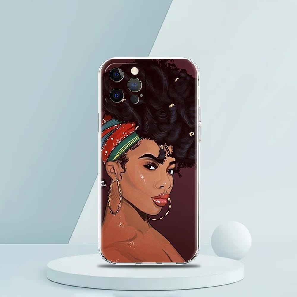 Fashion Black Girl Phone Case for iPhone 16 15 14 13 12 Pro Max Cover Transparent for iPhone 11 Pro Max 7 8 Plus XS XR Shell Bag