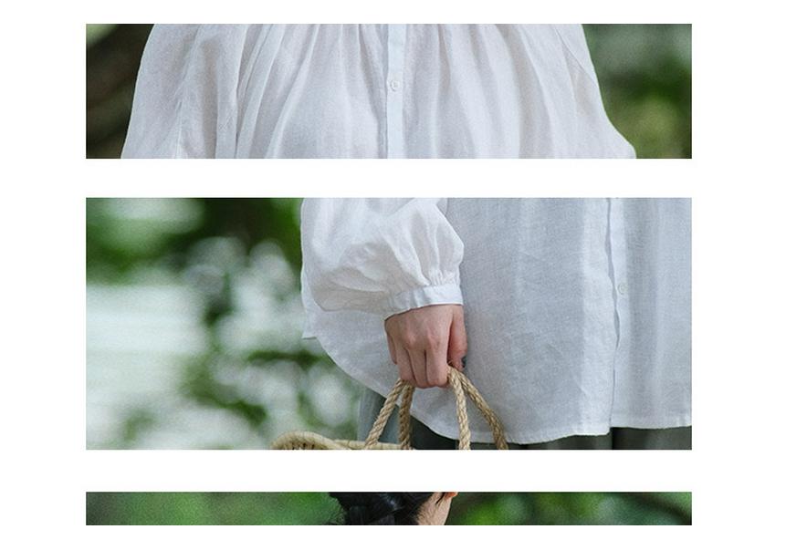 Spring/Summer 2026 Artistic Loose-Fit Plus Size Women's Linen Shirt with Pleated Stand Collar and Long Sleeves
