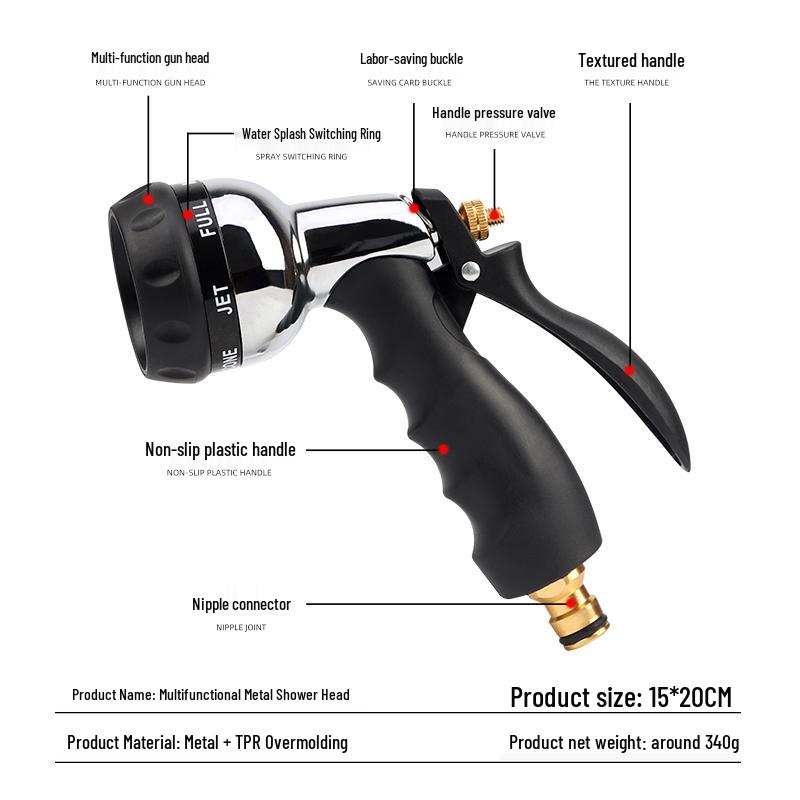 Adjustable Metal Water Spray Gun for Cars, Gardens, & Home. Perfect for Car Wash, Watering Plants, and Household Cleaning Tasks.