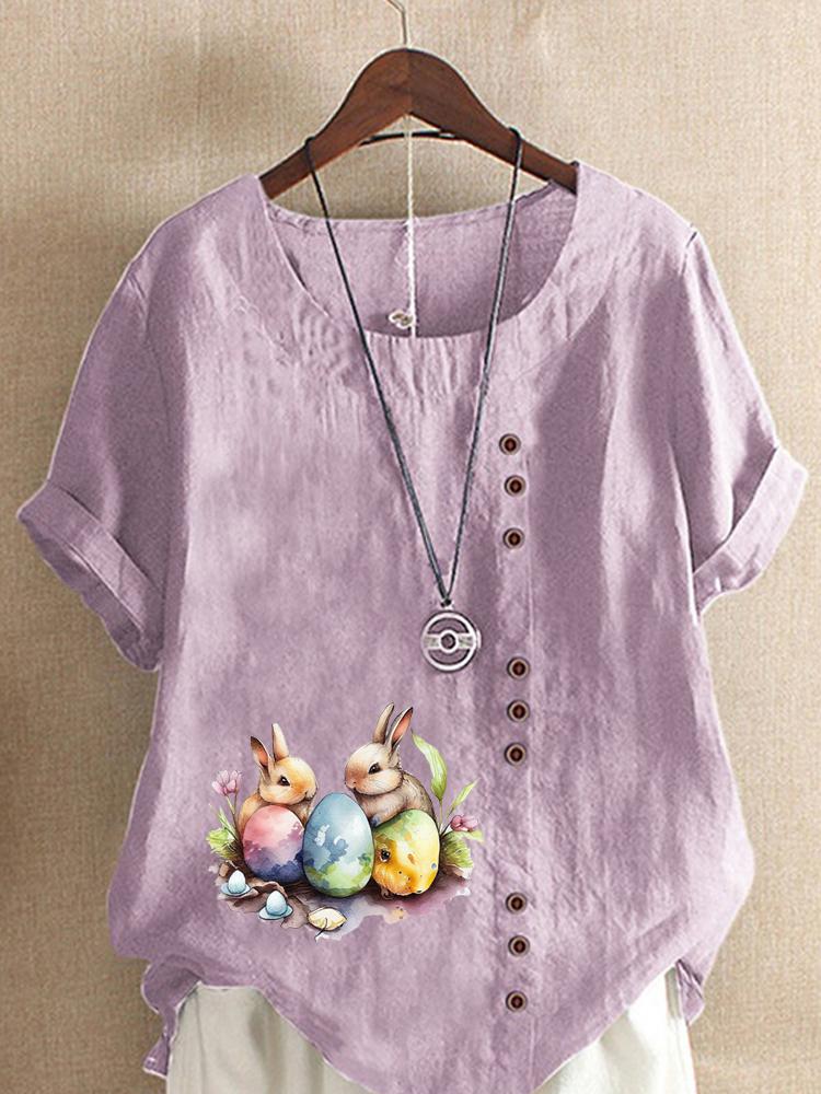 Women's Fashion Rabbit Print Casual Cotton Linen Short Sleeve Round Neck T-shirt Shirt Leisure Loose Summer Blouse Tops