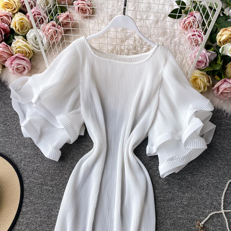French Bellflower Fairy Mori Lotus Leaf Big Trumpet Sleeve Pleated Dress Mopping the Floor and Swinging Temperament Long Dress