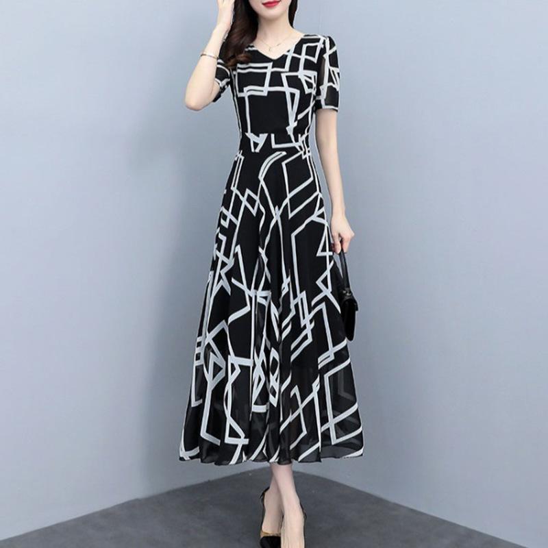 

Gram summer new temperament light mother color V-neck dress waist thin knee dress M